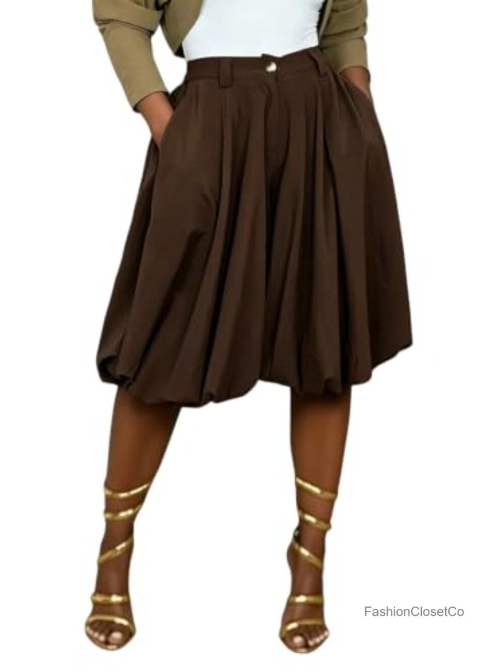 Women's High Waisted Wide Leg Pleated Balloon Capri Pants Culottes